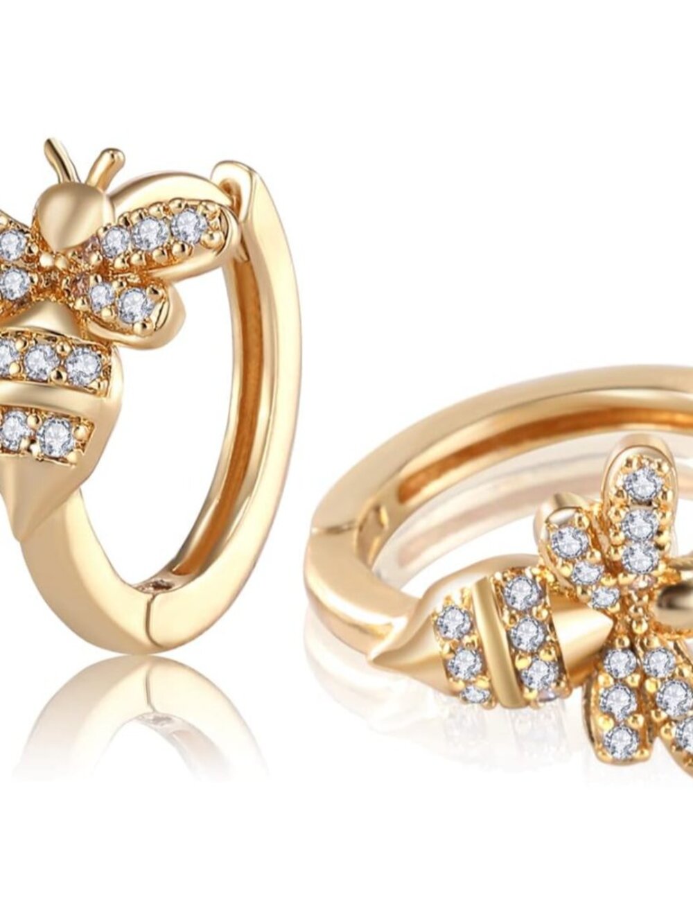 18K Gold Bee Earrings for Women, Hypoallergenic Stud with Cubic Zirconia, Hoop E
